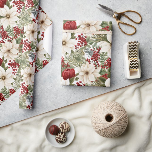 White Poinsettia, Red Floral Christmas | Wrapping Paper (Creator Uploaded)