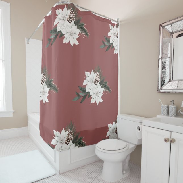 White Poinsettia Winter Florals on Red Shower Curtain (In Situ)