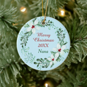 White Poinsettia Wreath Nana Photo Template Ceramic Ornament