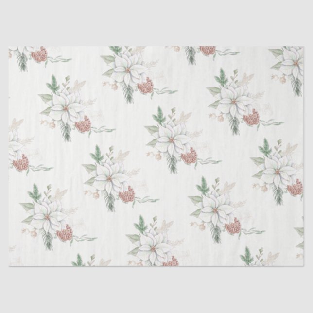 White Poinsettias and Pine Cones Tissue Paper (Front)