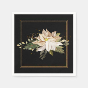 White Poinsettias & Faux Gold Glitter Leaves Napkin