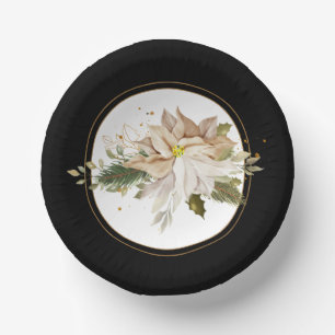 White Poinsettias & Faux Gold Glitter Leaves  Paper Plate