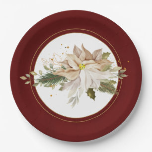 White Poinsettias & Faux Gold Glitter Leaves Paper Plate