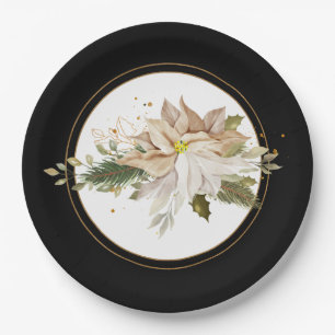 White Poinsettias & Faux Gold Glitter Leaves  Paper Plate