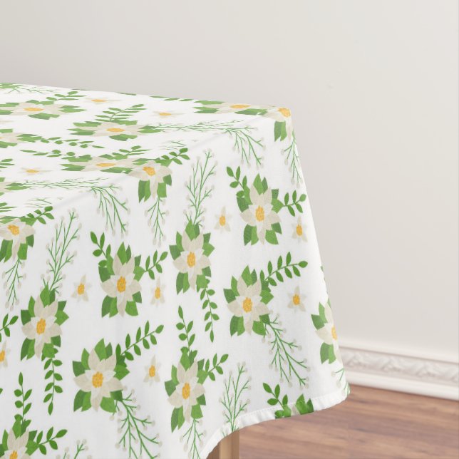 White Poinsettias Green Leaves Christmas Tablecloth (In Situ)
