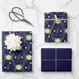 White Poinsettias on Navy Blue Background  Wrapping Paper Sheet