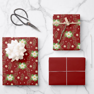 White Poinsettias on Red Background Wrapping Paper Sheet