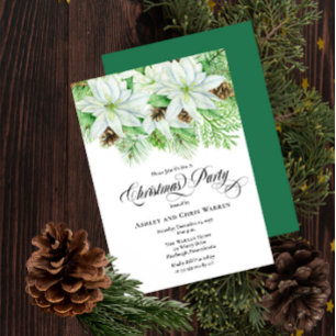 White Poinsettias   Pinecones Pine Christmas Party Invitation