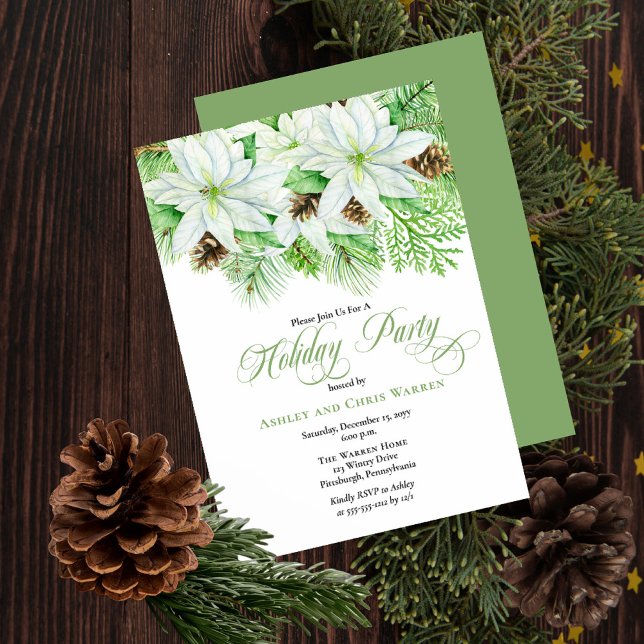 White Poinsettias | Pinecones Pine Holiday Party Invitation (Creator Uploaded)