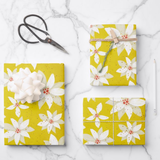White Poinsettias Red Accents Bright Golden Yellow Wrapping Paper Sheet (Front)
