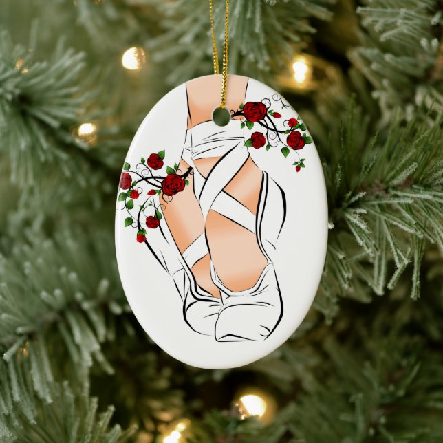White Pointe Shoes, Roses Ballet Christmas Ceramic Ornament (Tree)