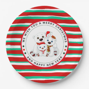 White Polar Bear Family Christmas Holiday Paper Plate
