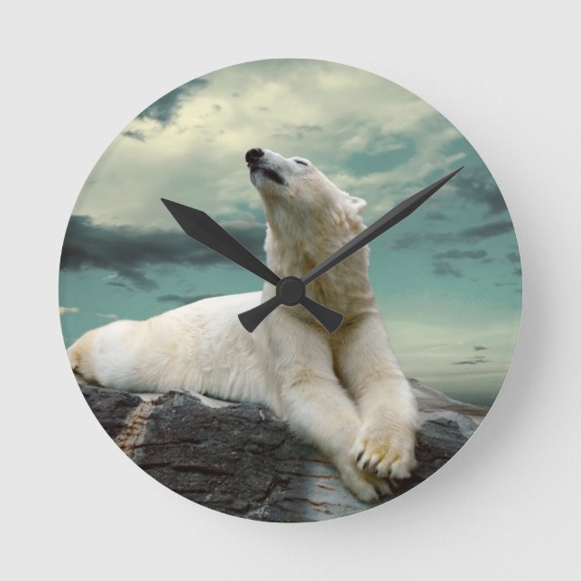 White Polar Bear Hunter on rock Round Clock (Front)