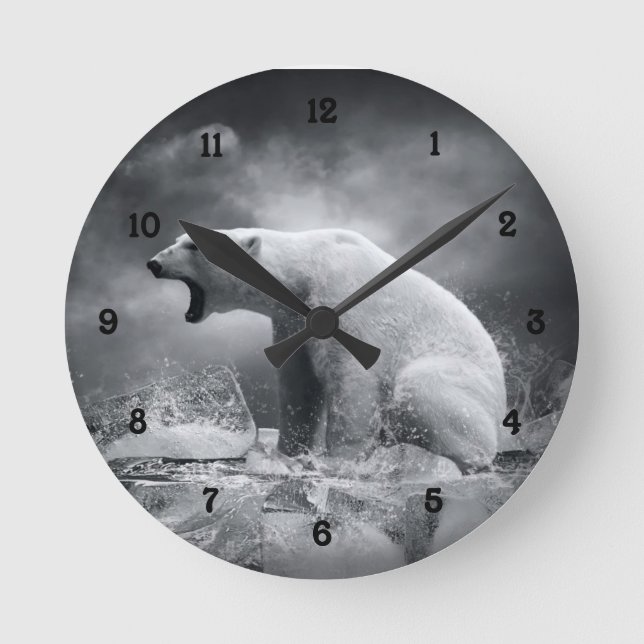 White Polar Bear Hunter on the Ice in water Round Clock (Front)