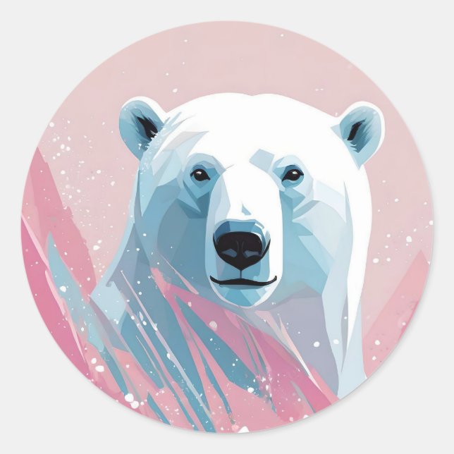 White polar bear, pink, blue background. classic round sticker (Front)