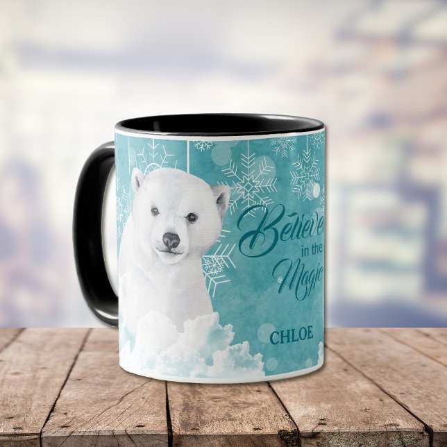 White Polar Bear Teal Snowflake Believe Mug (Creator Uploaded)