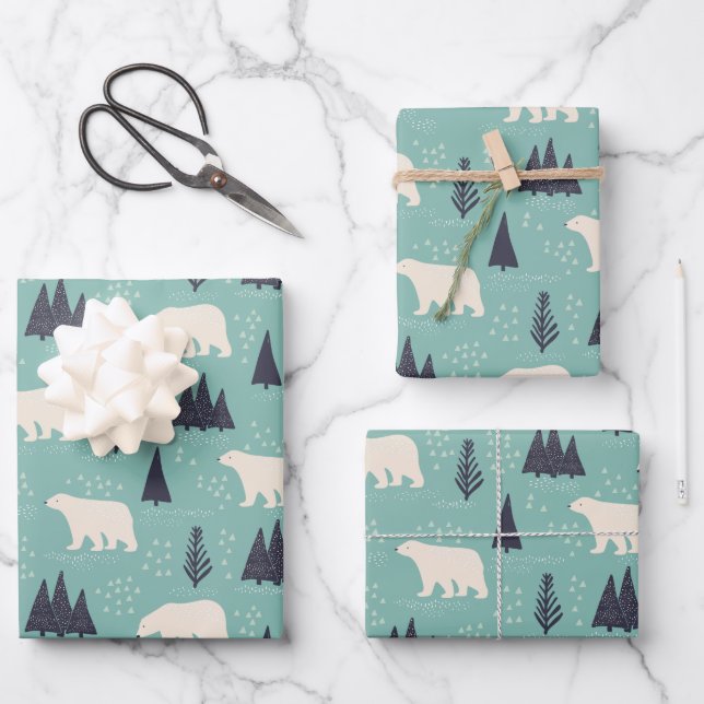 White Polar Bears Evergreen Trees in the Snow Wrapping Paper Sheet (Front)