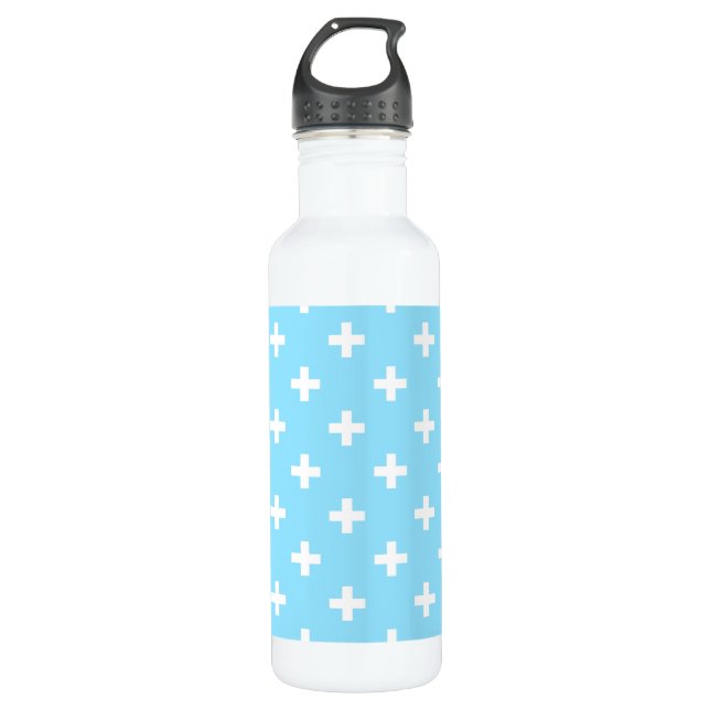 White polka crosses on baby blue 710 ml water bottle (Front)