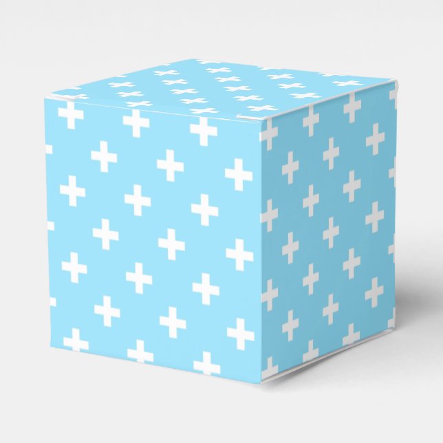 White polka crosses on baby blue favour box (Front Side)