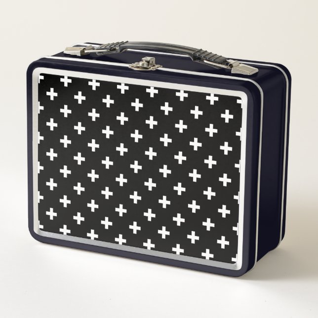 White polka crosses on black metal lunch box (Front)