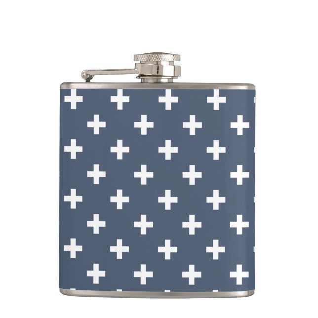 White polka crosses on blue-gray hip flask (Front)