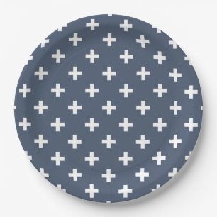 White polka crosses on blue-grey paper plate