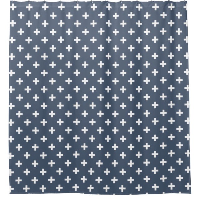 White polka crosses on blue-grey shower curtain (Front)
