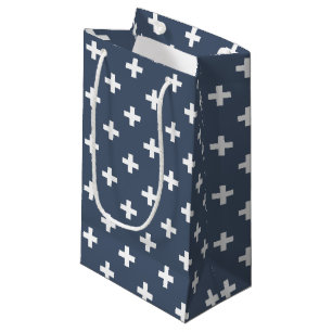 White polka crosses on blue-grey small gift bag