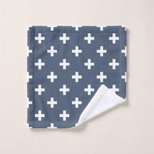 White polka crosses on blue-grey wash cloth