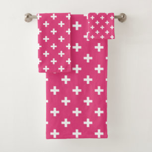 White polka crosses on fuchsia bath towel set