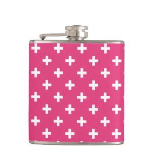 White polka crosses on fuchsia hip flask