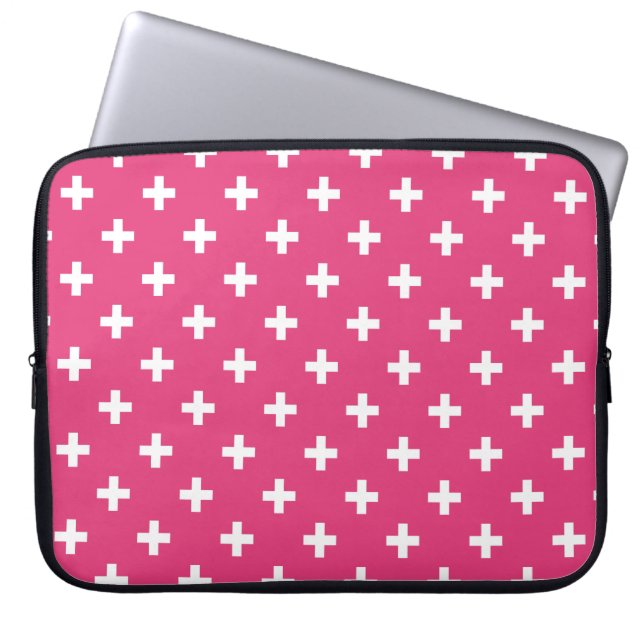 White polka crosses on fuchsia laptop sleeve (Front)