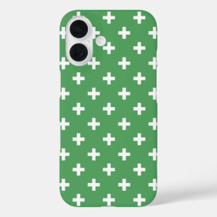 White polka crosses on green iPhone 16 case