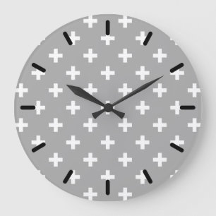 White polka crosses on grey large clock