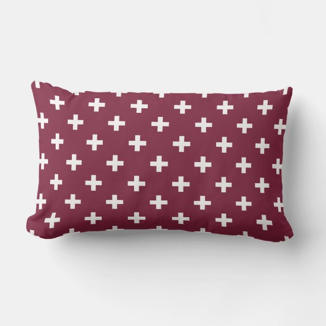 White polka crosses on mulberry lumbar cushion (Front)