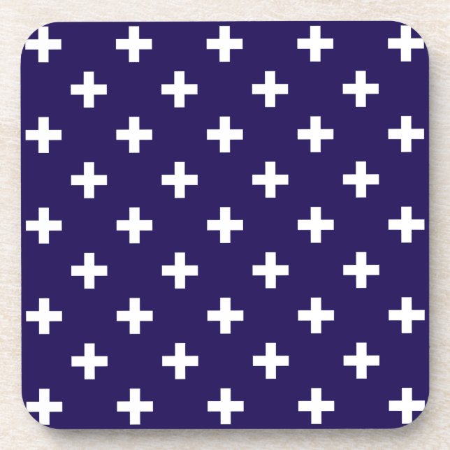 White polka crosses on navy blue coaster (Front)