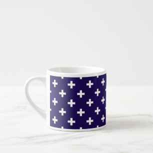 White polka crosses on navy blue espresso cup