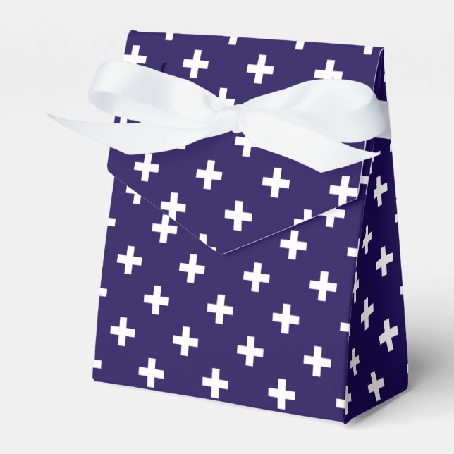 White polka crosses on navy blue favour box (Front Side)