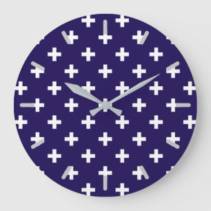 White polka crosses on navy blue large clock