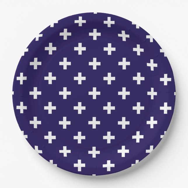 White polka crosses on navy blue paper plate (Front)