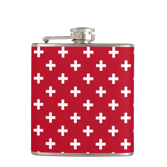 White polka crosses on red hip flask (Front)
