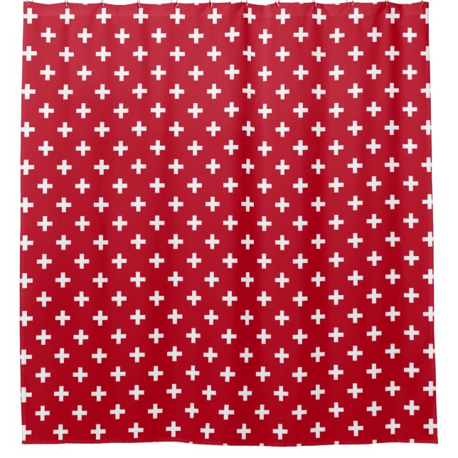 White polka crosses on red shower curtain (Front)