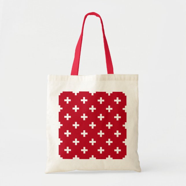White polka crosses on red tote bag (Front)