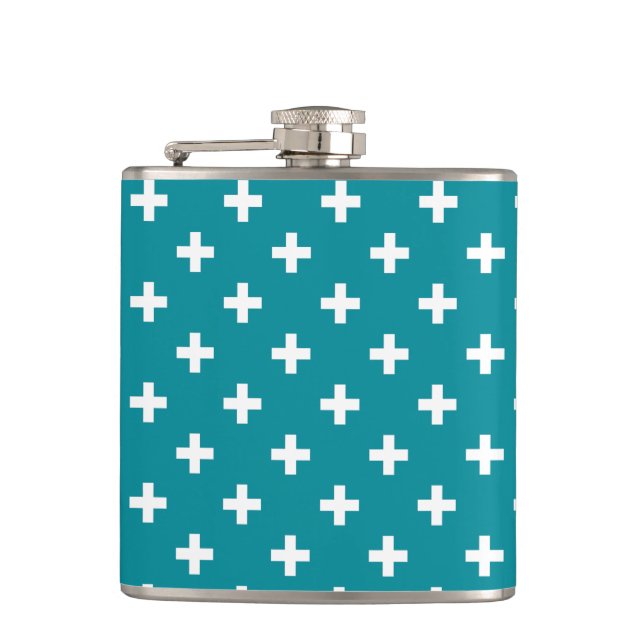 White polka crosses on teal hip flask (Front)