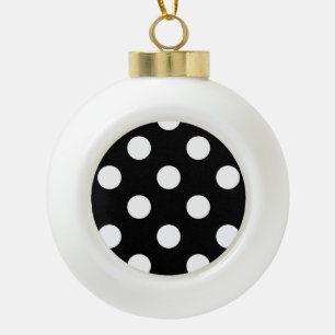 White Polka Dot on Black Pattern Ceramic Ball Christmas Ornament