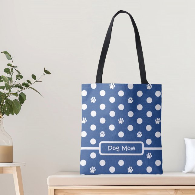 White Polka-Dot Paw Prints Blue Personalise Tote Bag (Creator Uploaded)