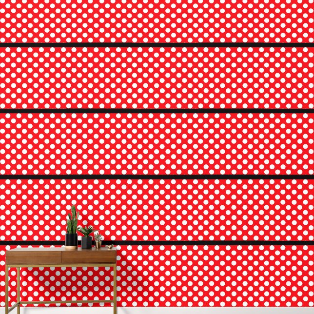 White Polka Dot Red Black Peel and Stick Wallpaper (Hallway)
