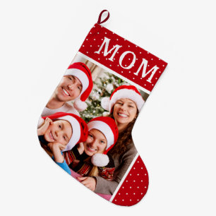 White Polka Dot Snow Family Photo Mum Large Christmas Stocking