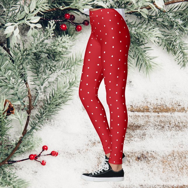 White Polka Dot Snow Red Christmas Leggings (Red And White Polka Dot Leggings)