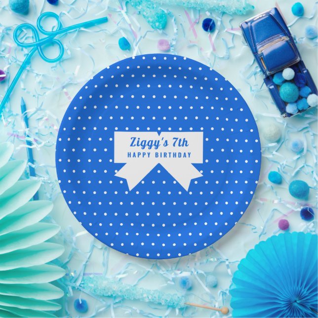 White Polka Dots Blue Paper Plate (Party)